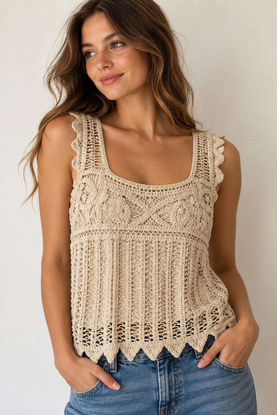 Design History Crochet Top Boho Cottagecore Cream Floral Scallop Cotton L Fairy